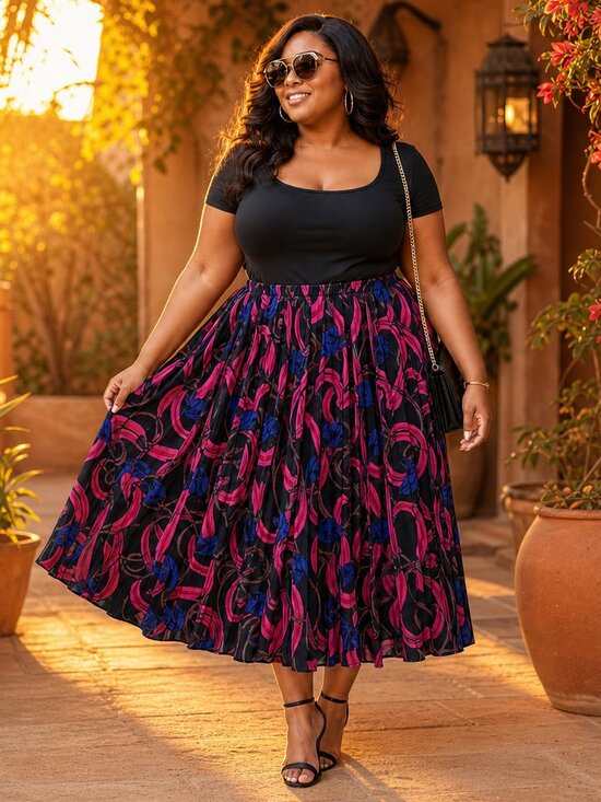 Jessica Cole Dresses & Skirts - Jessica Cole Vintage 1980s Pleated Skirt – Black Floral Scroll Print | Size Larg